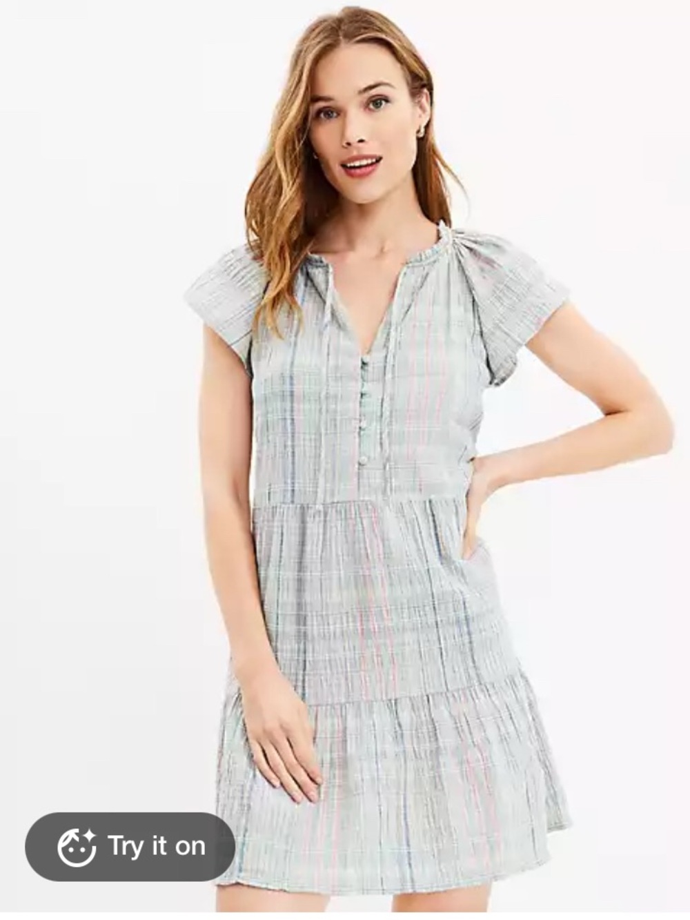 LOFT NWT Sage Green Plaid Flutter Sleeve Tiered Cottagecore Dress, Size LP